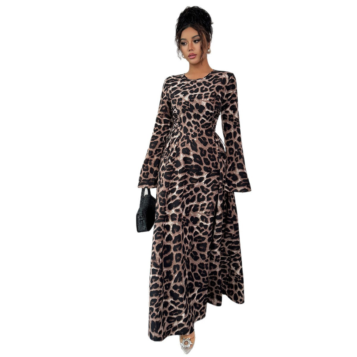 French Leopard Print Long Sleeve Dress Women