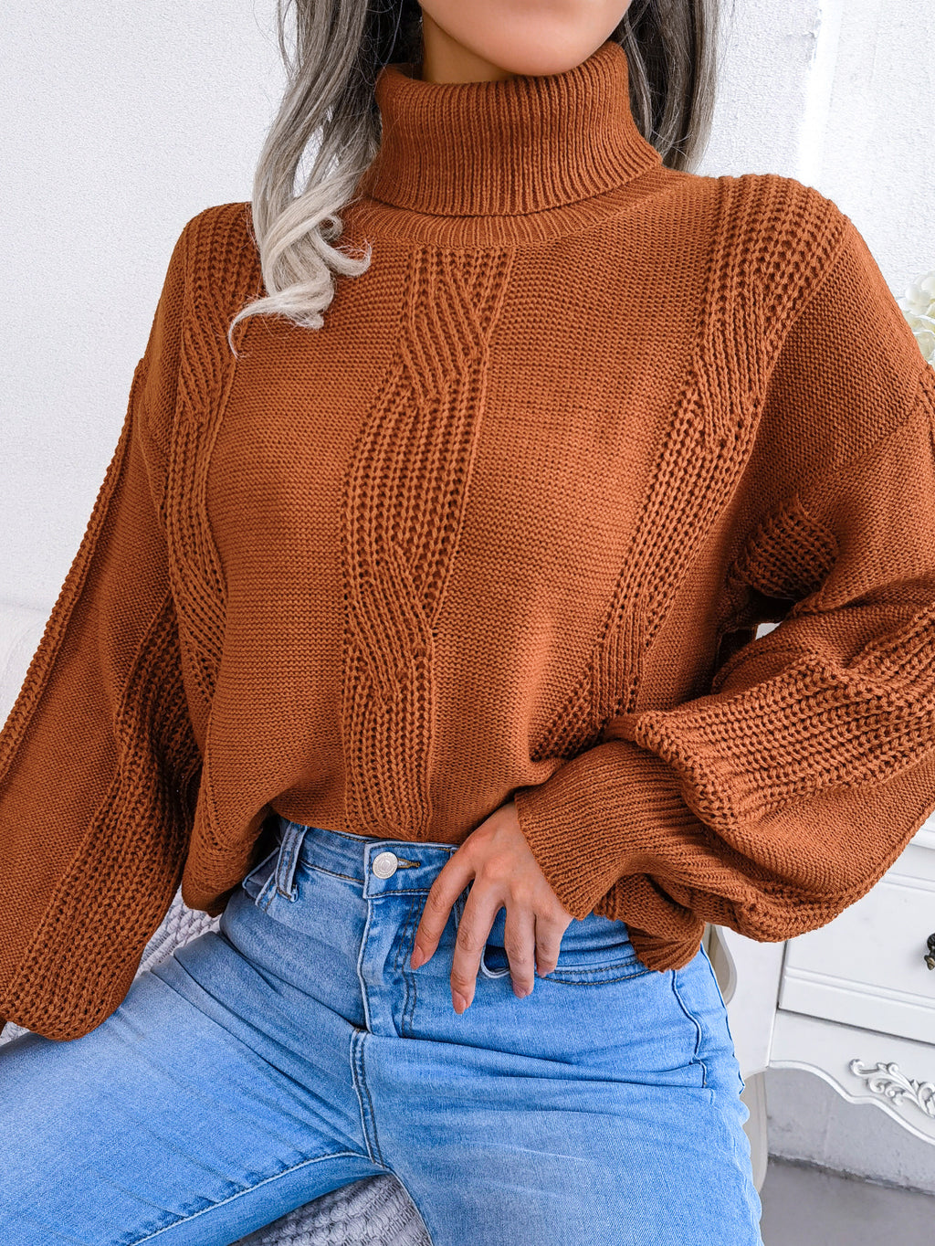 Women Turtleneck Cable Knit Lantern Sleeve Sweater Top