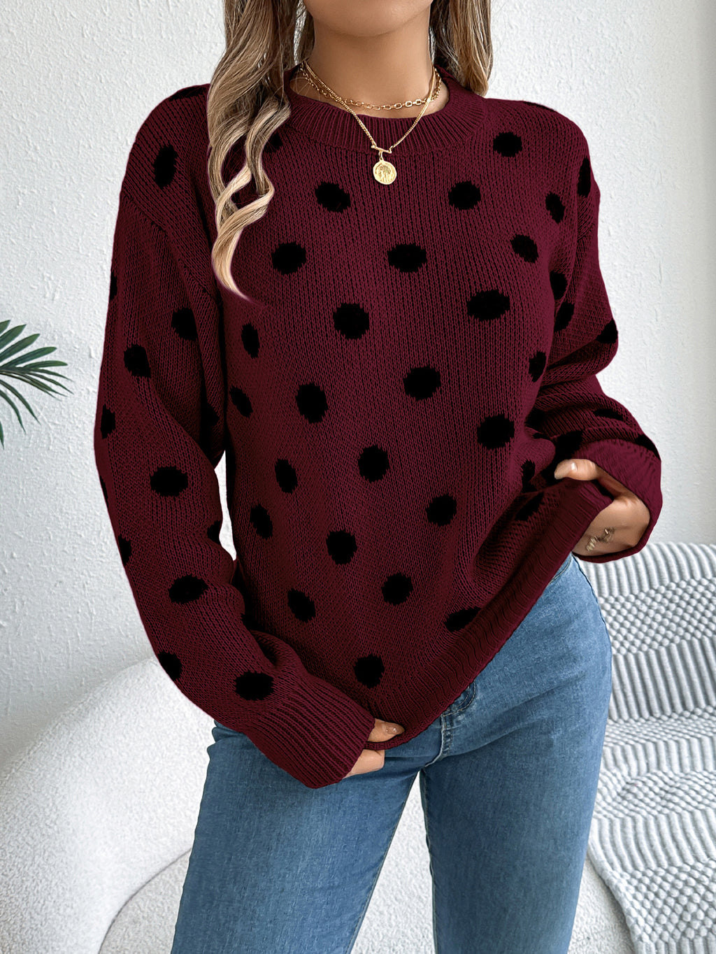 Casual Color Block Polka Dot Long Sleeve Pullover Sweater