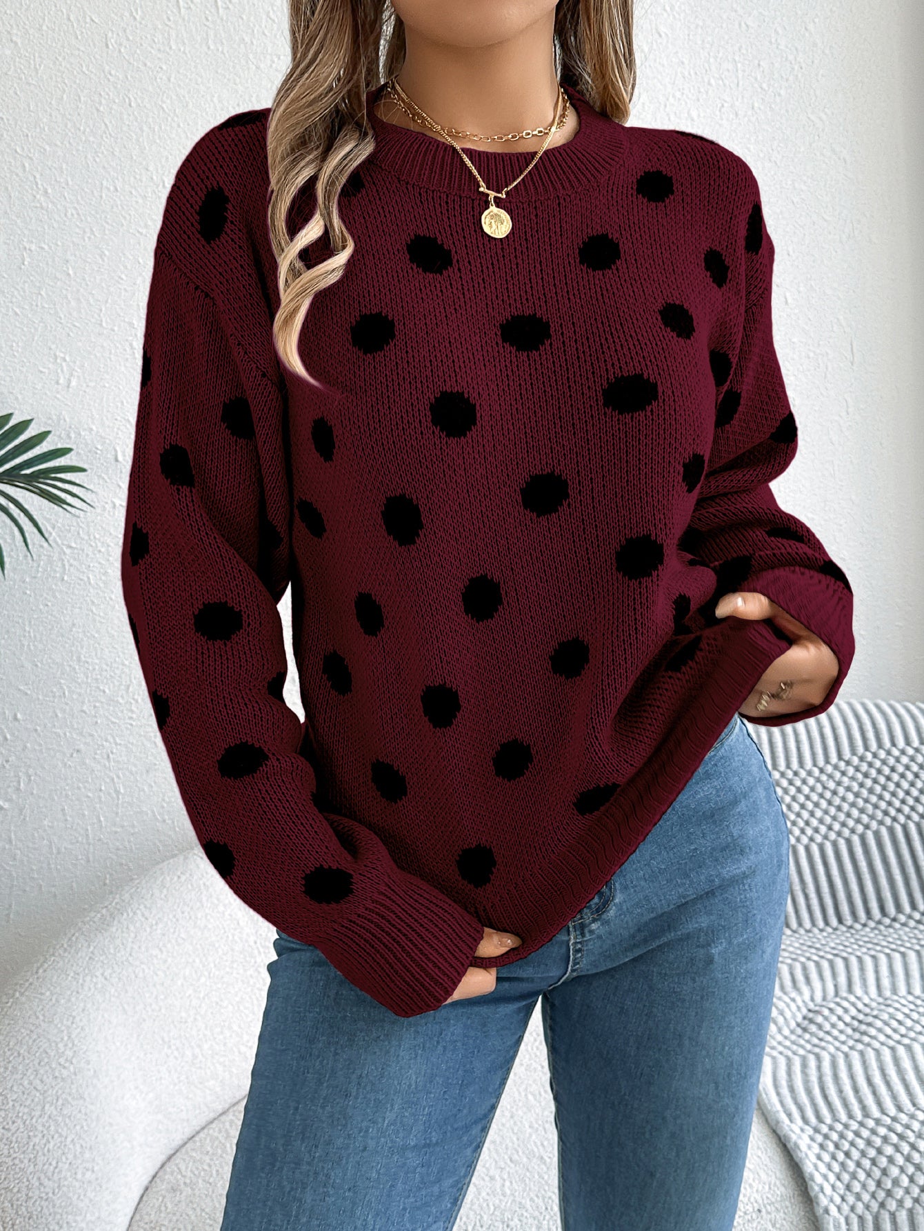 Casual Color Block Polka Dot Long Sleeve Pullover Sweater