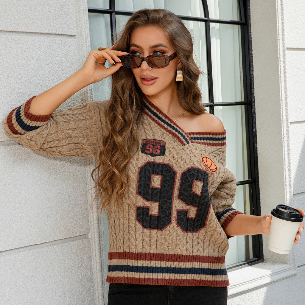 Women's Retro Thick Knit Cable V-Neck Pullover Sweater