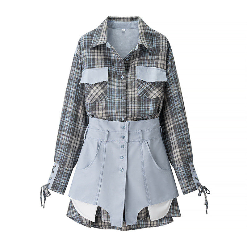 Women's Loose Casual Plaid Shirt Dress Two-Piece Set