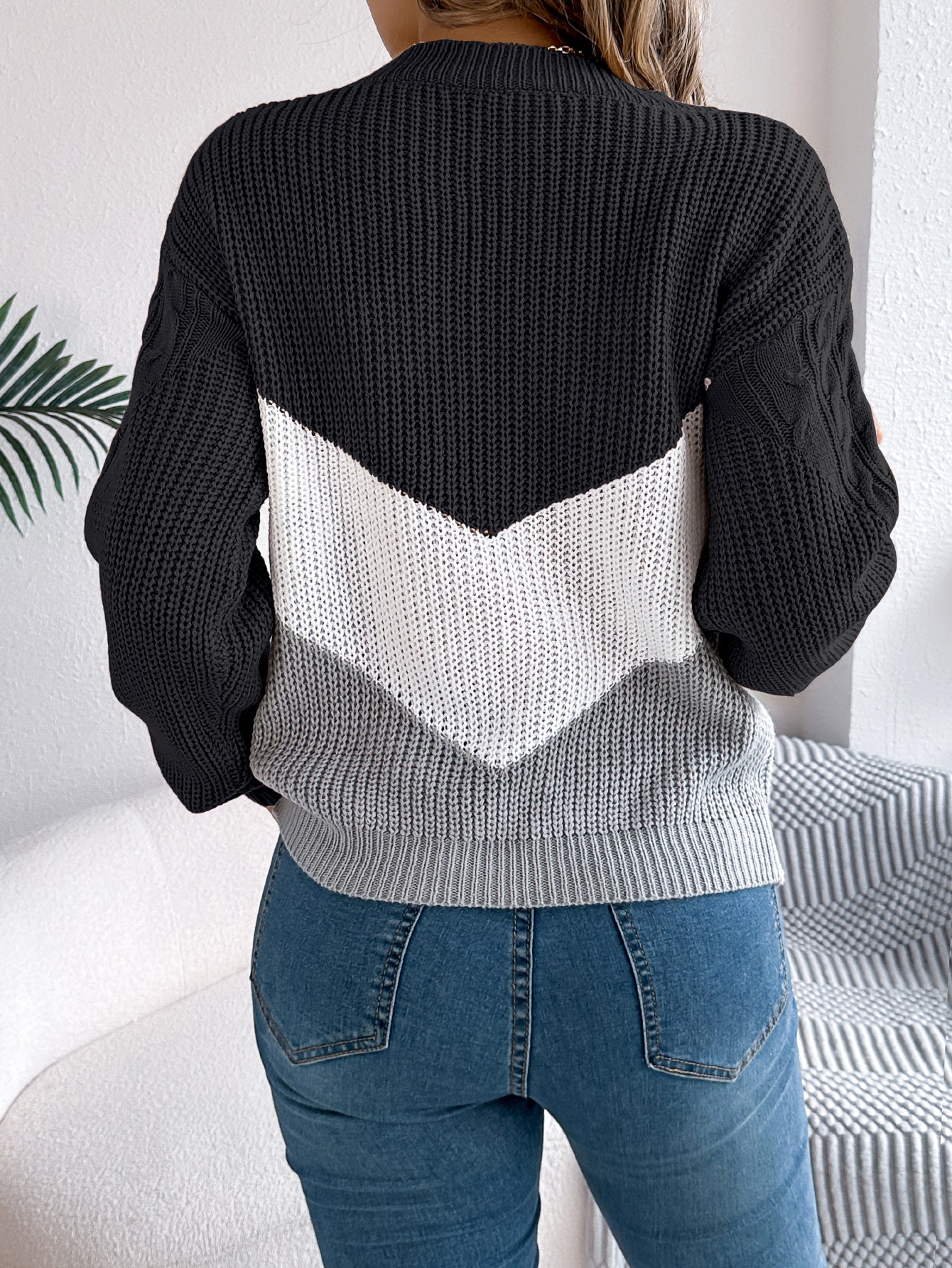 Women Casual Color Block Cable Knit Lantern Sleeve Pullover Sweater