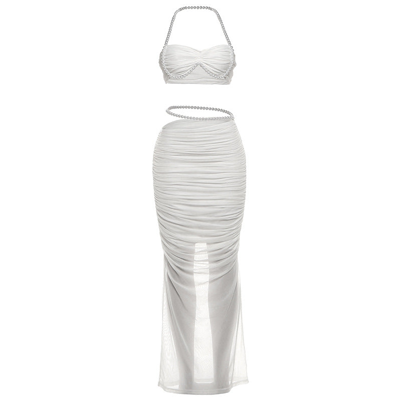 Pearl Decoration Sexy Navel Wrapped Chest Low Waist Hip-wrapped Long Skirt Suit