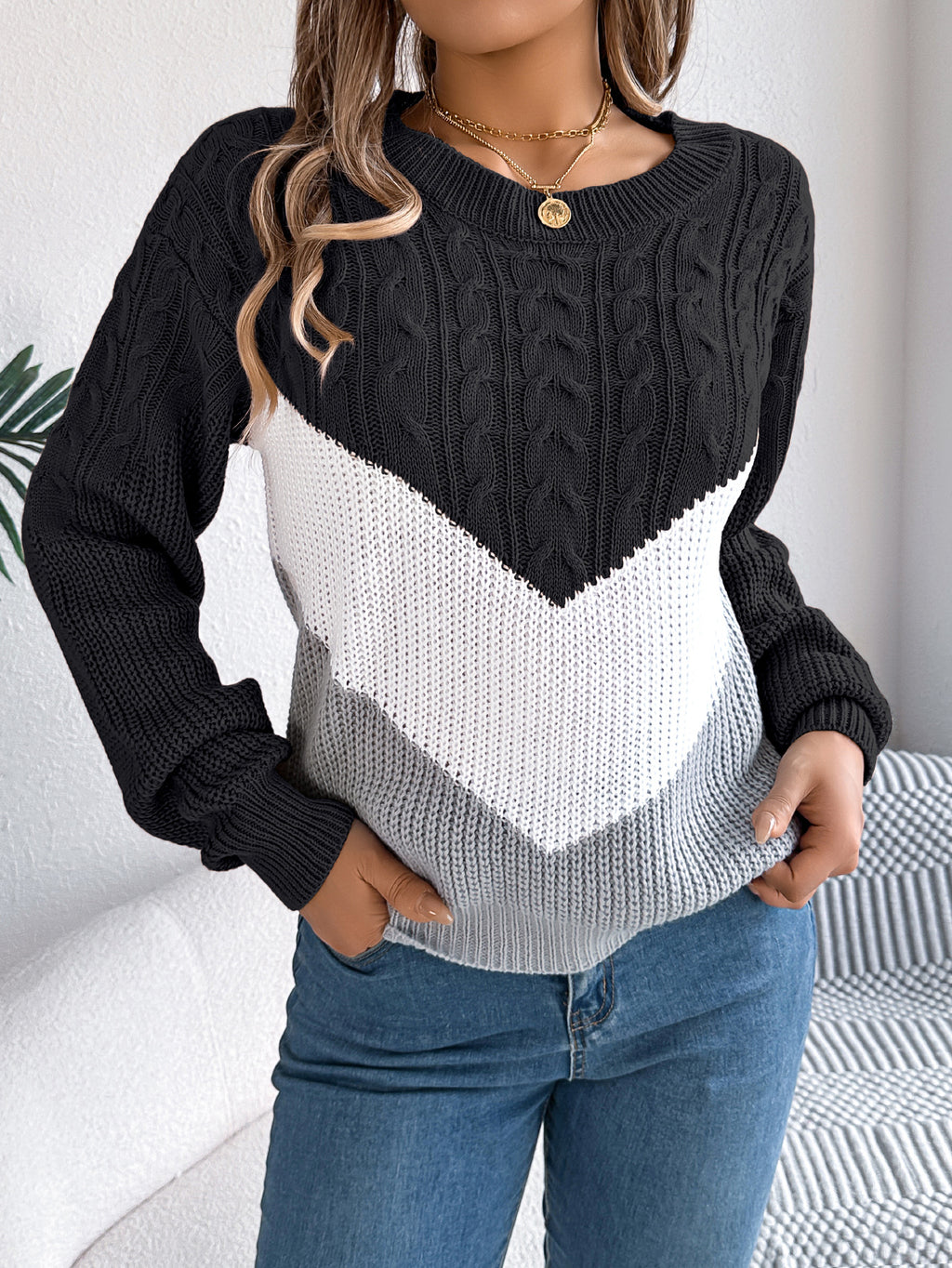 Women Casual Color Block Cable Knit Lantern Sleeve Pullover Sweater
