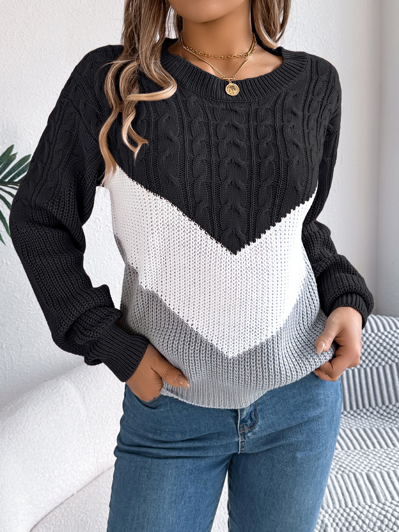 Women Casual Color Block Cable Knit Lantern Sleeve Pullover Sweater