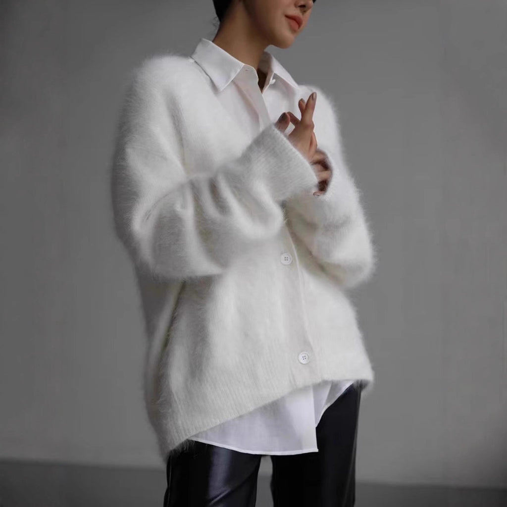V-neck Faux Mink Fur Sweater Coat Women Fluffy Knitted Cardigan