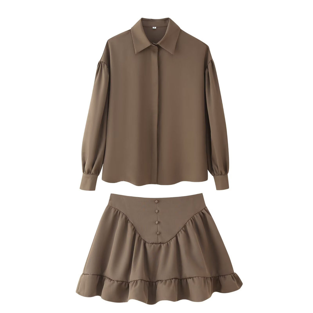 Women's Fashion Simple Lapel Shirt And Flared Skirt Set