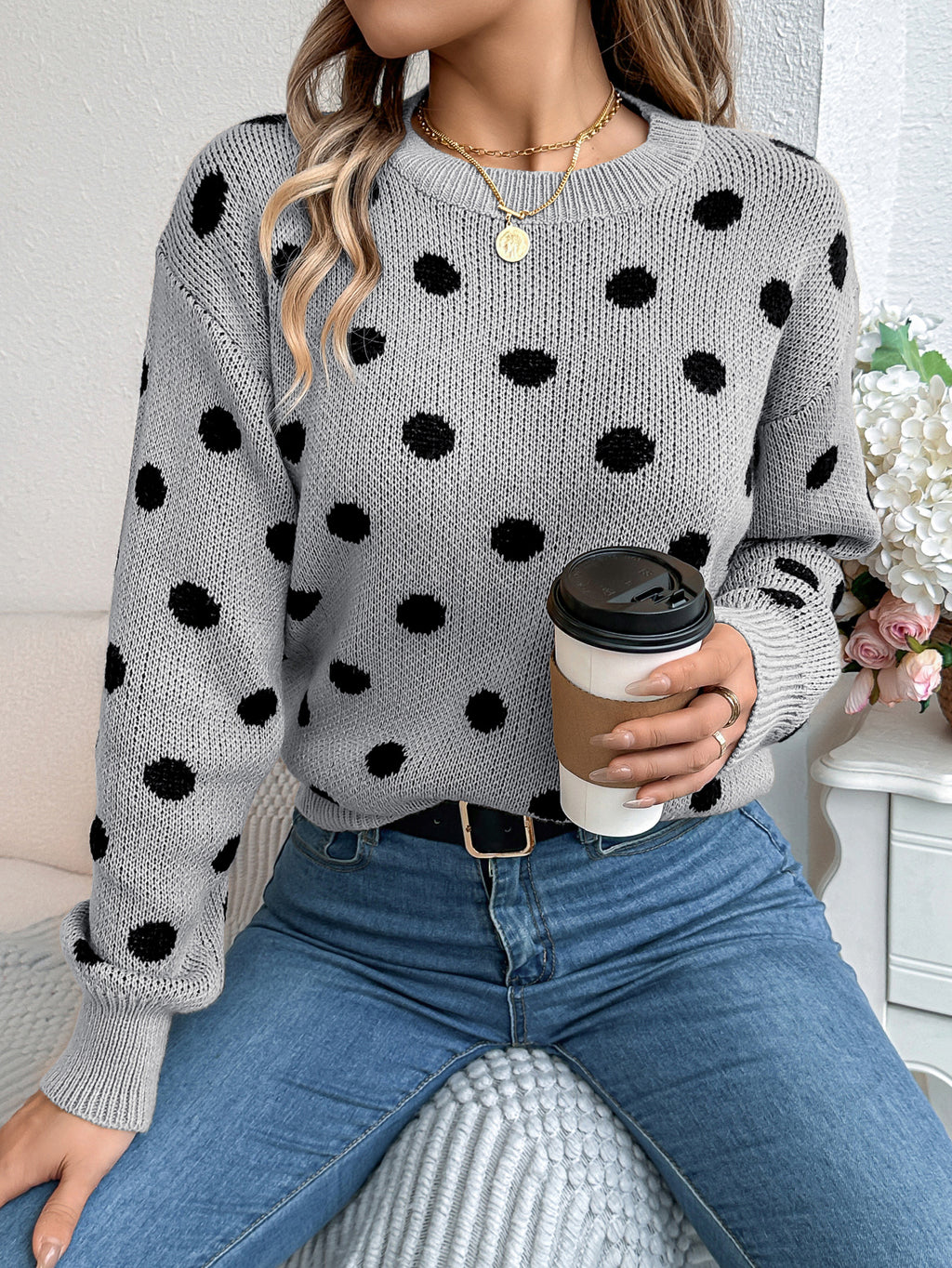 Casual Color Block Polka Dot Long Sleeve Pullover Sweater
