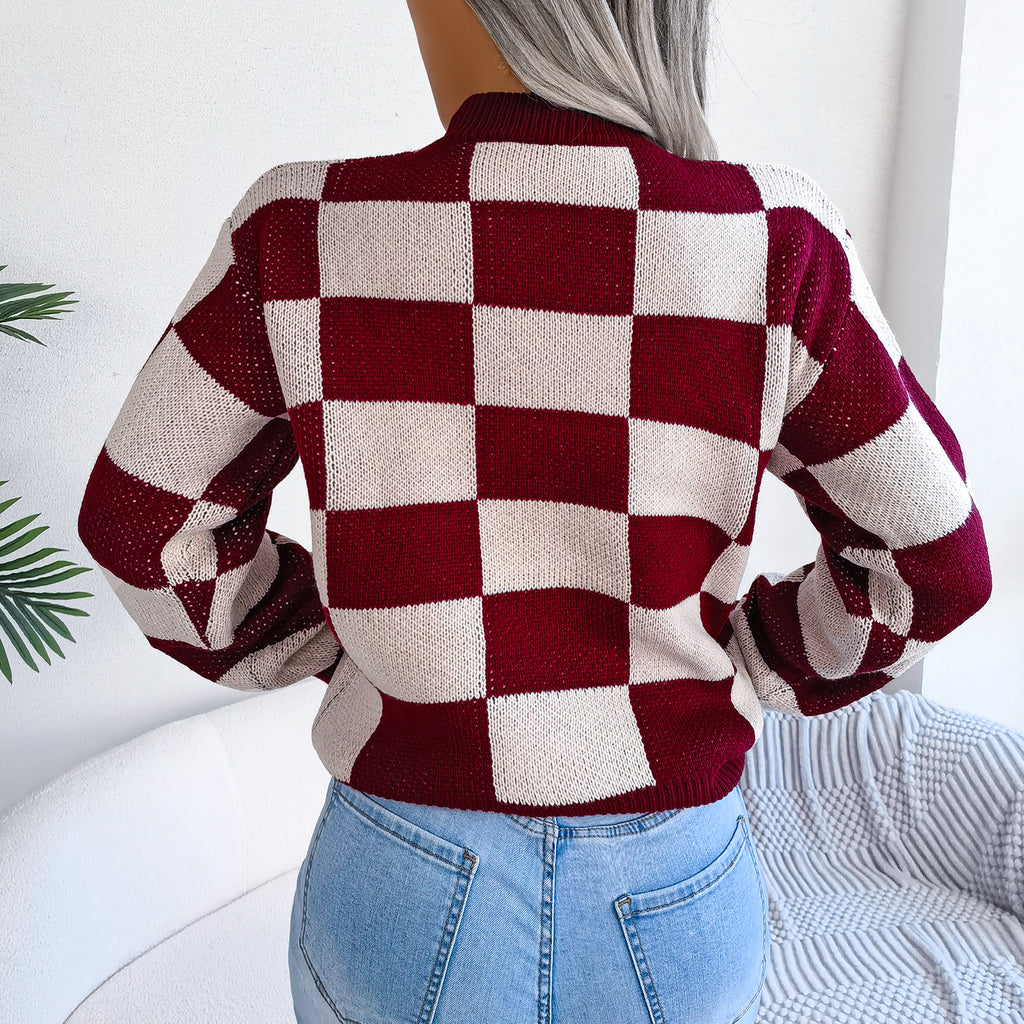 Street Style Color Block Plaid Long Sleeve Pullover Knit Sweater