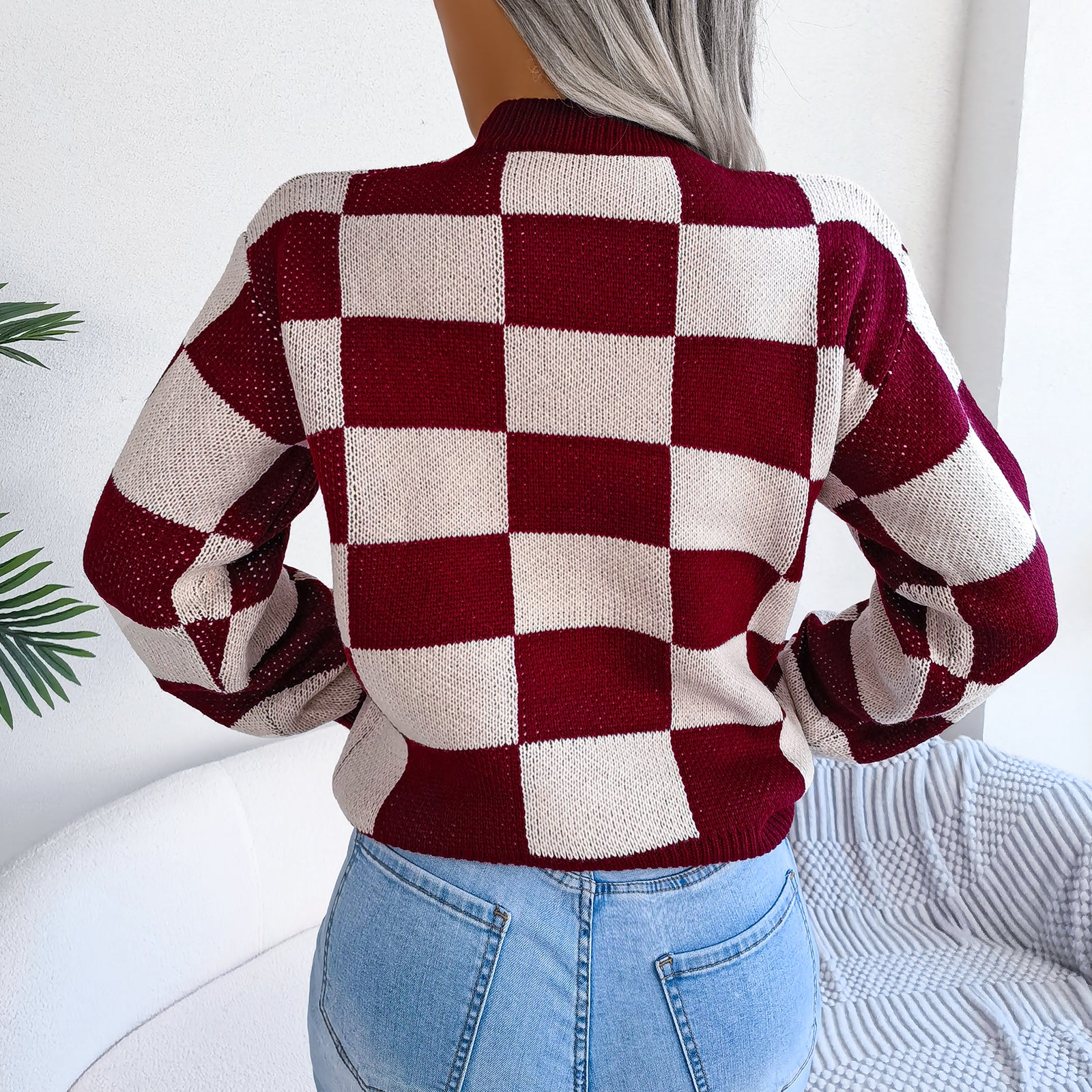 Street Style Color Block Plaid Long Sleeve Pullover Knit Sweater