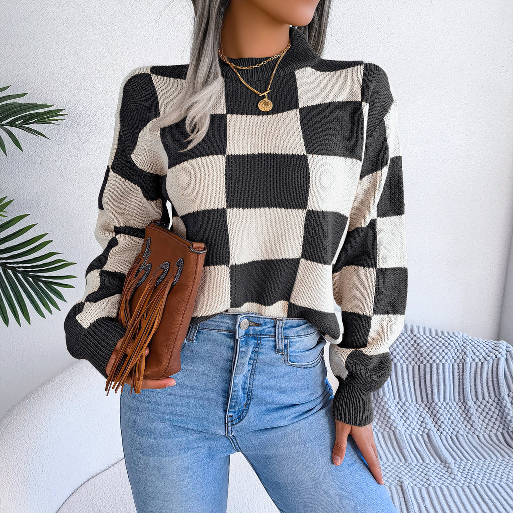 Street Style Color Block Plaid Long Sleeve Pullover Knit Sweater