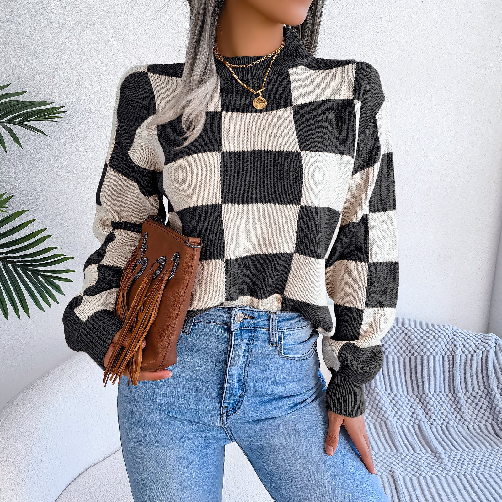 Street Style Color Block Plaid Long Sleeve Pullover Knit Sweater