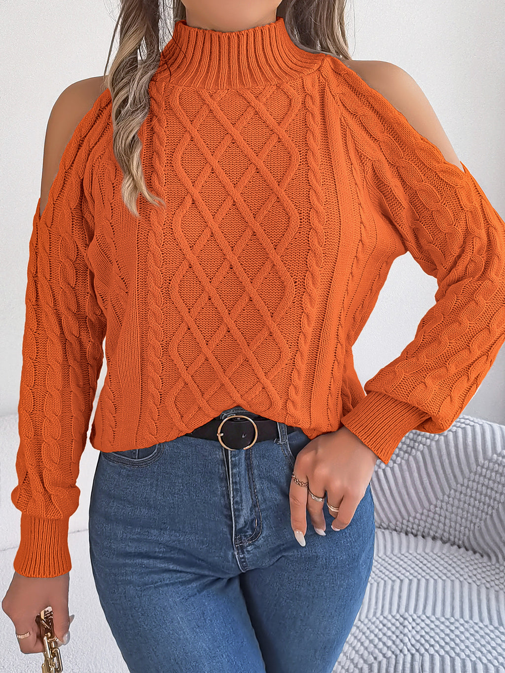 Casual Cable Knit Off-Shoulder Half Turtleneck Long Sleeve Pullover Sweater