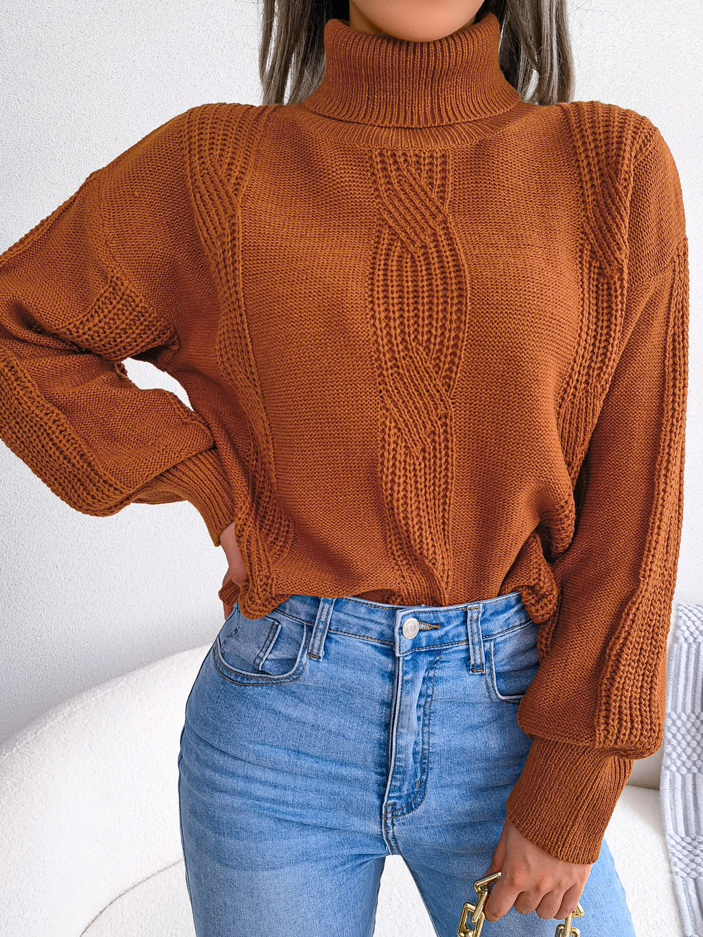 Women Turtleneck Cable Knit Lantern Sleeve Sweater Top