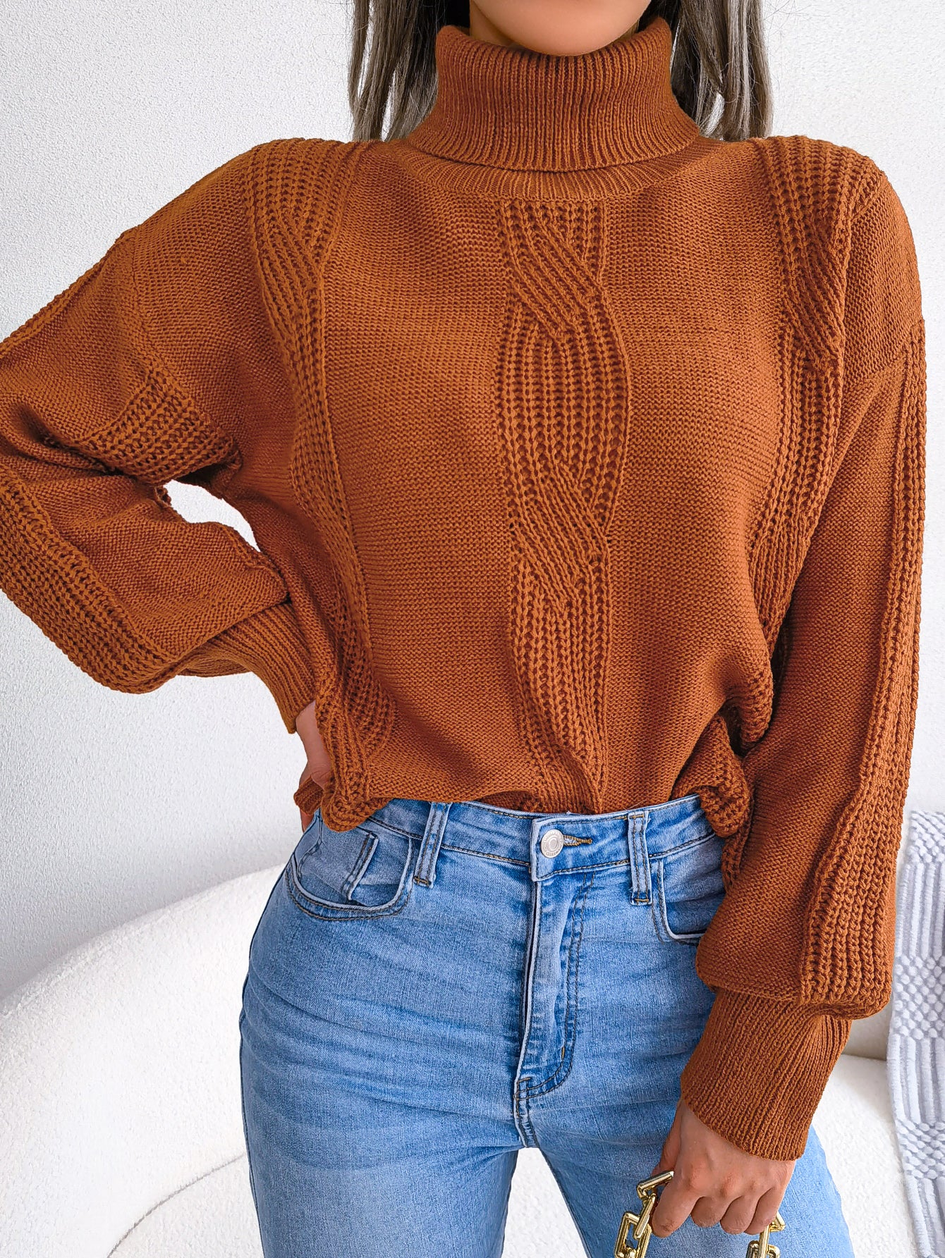 Women Turtleneck Cable Knit Lantern Sleeve Sweater Top