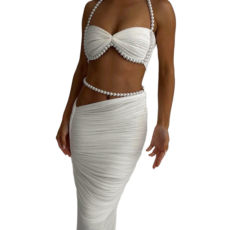 Pearl Decoration Sexy Navel Wrapped Chest Low Waist Hip-wrapped Long Skirt Suit