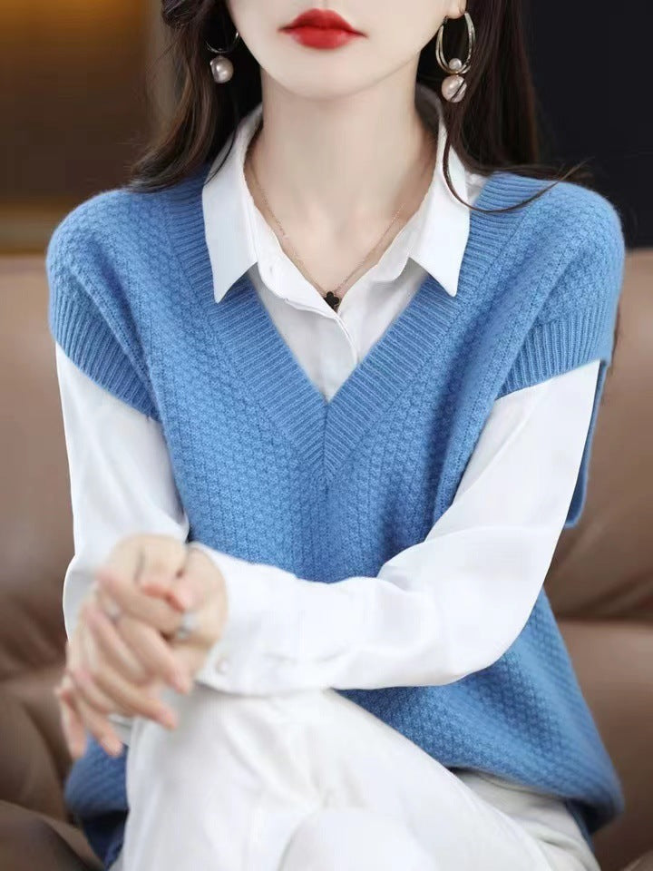 Outer Wear V-neck Sleeveless Pullover Sweater Knitted Outerwear Vest