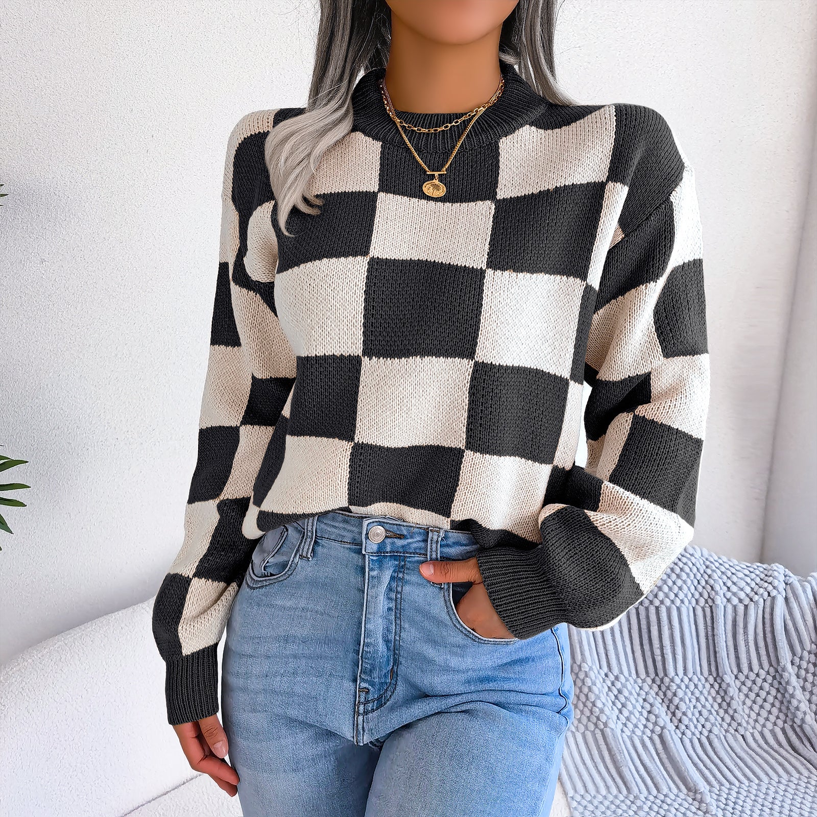 Street Style Color Block Plaid Long Sleeve Pullover Knit Sweater