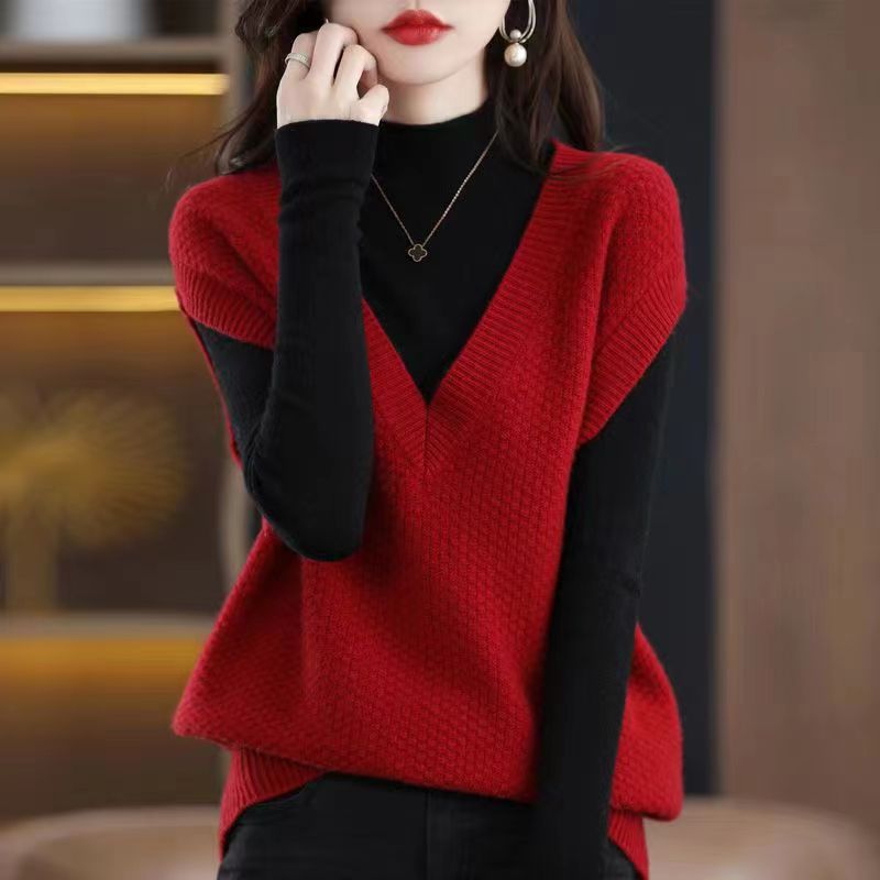 Outer Wear V-neck Sleeveless Pullover Sweater Knitted Outerwear Vest