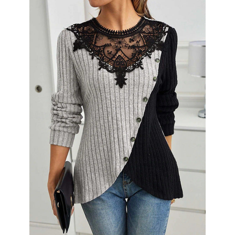 Lace Round Neck Color-blocked Ribbed Cross Hem Long Sleeve Knit T-shirt