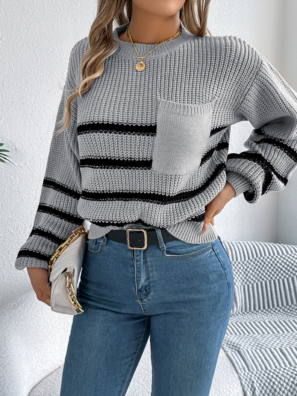 Women Casual Color Block Stripe Lantern Sleeve Pullover Sweater