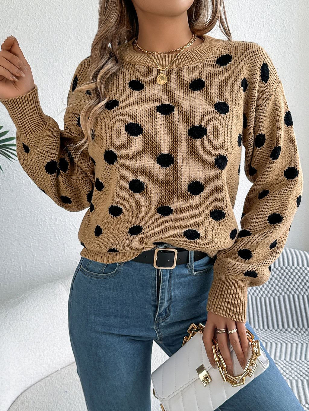 Casual Color Block Polka Dot Long Sleeve Pullover Sweater