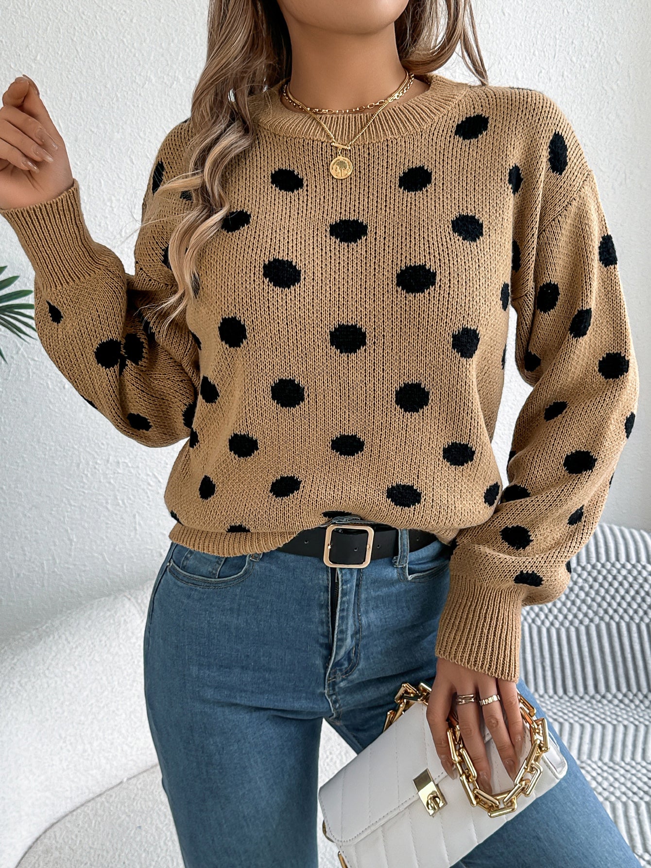 Casual Color Block Polka Dot Long Sleeve Pullover Sweater