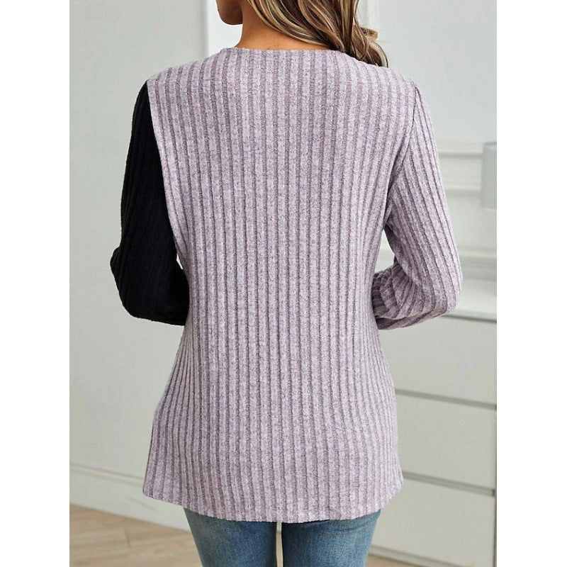 Lace Round Neck Color-blocked Ribbed Cross Hem Long Sleeve Knit T-shirt