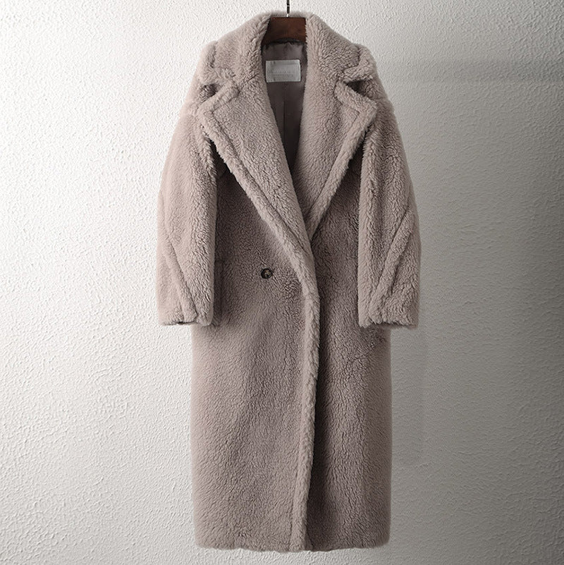 Women's Long Pink Wool Alpaca Fleecefiber Fur Coat