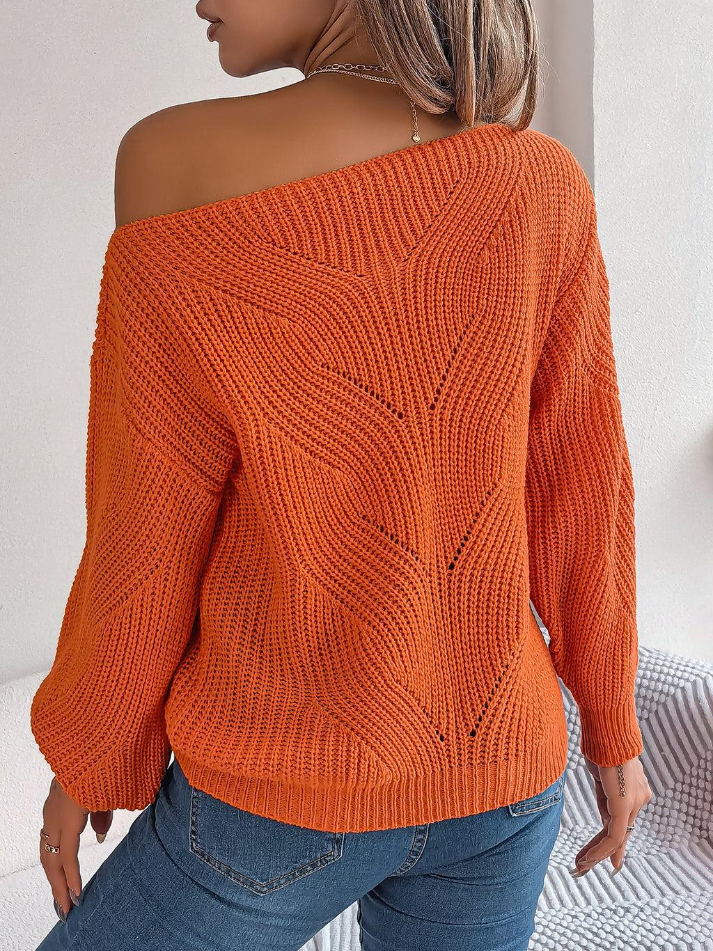 Casual Hollow Out Off-Shoulder Lantern Sleeve Sweater