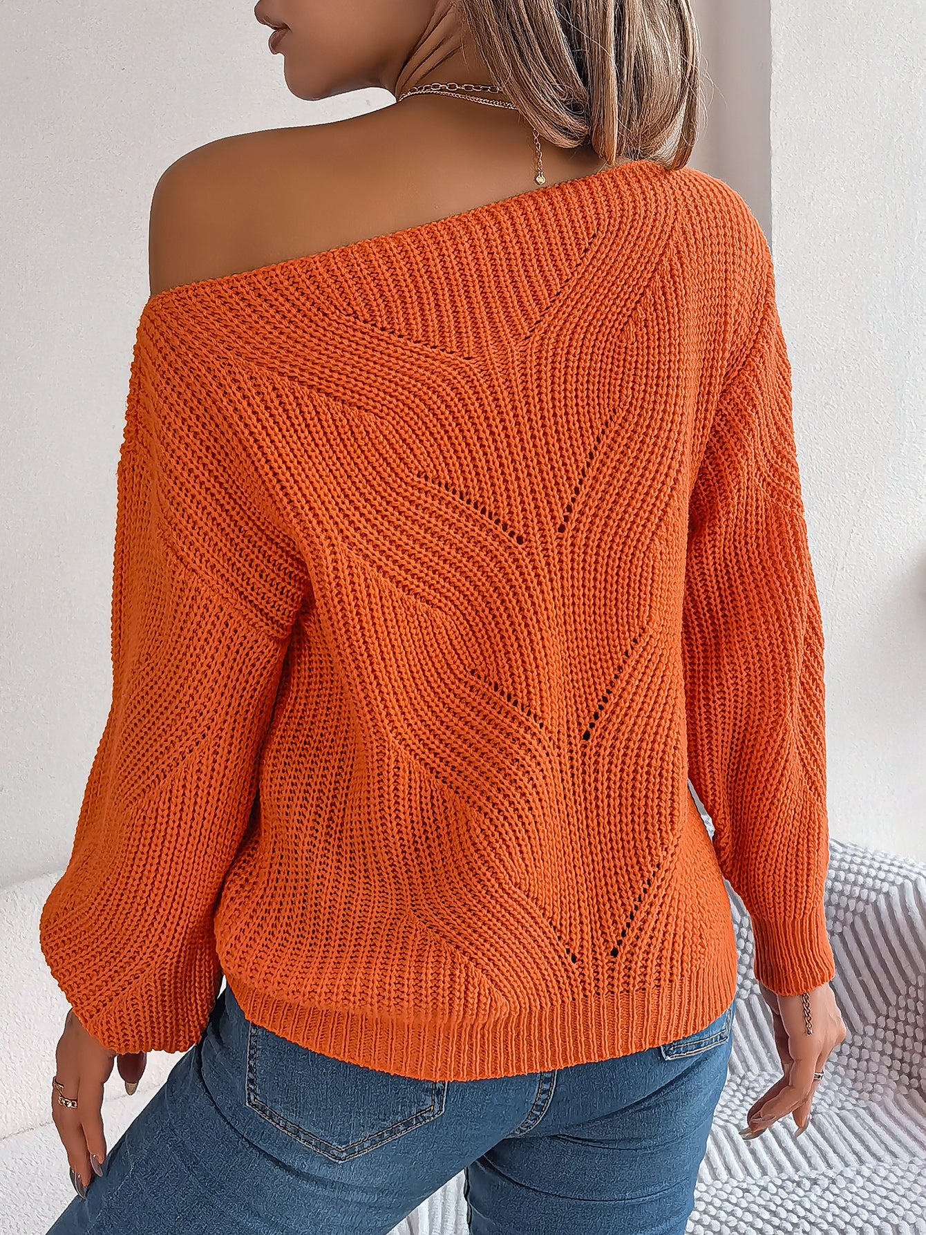 Casual Hollow Out Off-Shoulder Lantern Sleeve Sweater