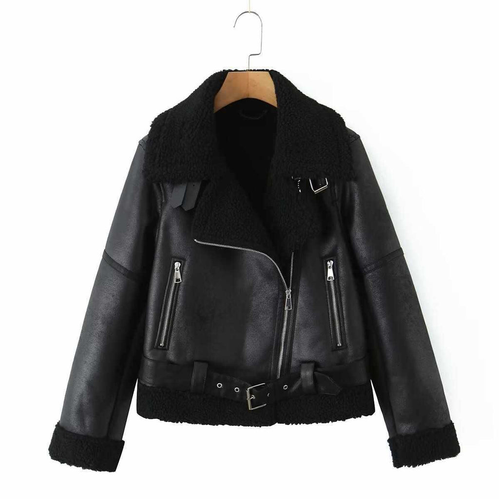 Women's Fashionable Warm Cotton Jacket Motorcycle Fur Coat