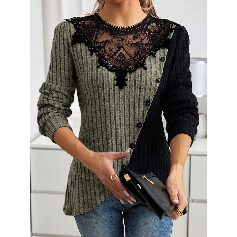 Lace Round Neck Color-blocked Ribbed Cross Hem Long Sleeve Knit T-shirt