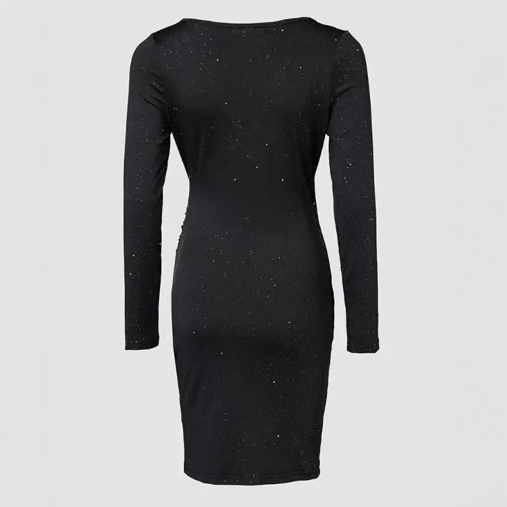 Long-sleeved V-neck Pleated Bodycon Dress For Women