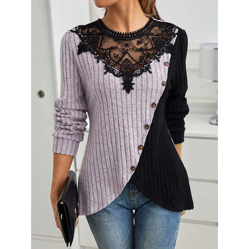 Lace Round Neck Color-blocked Ribbed Cross Hem Long Sleeve Knit T-shirt