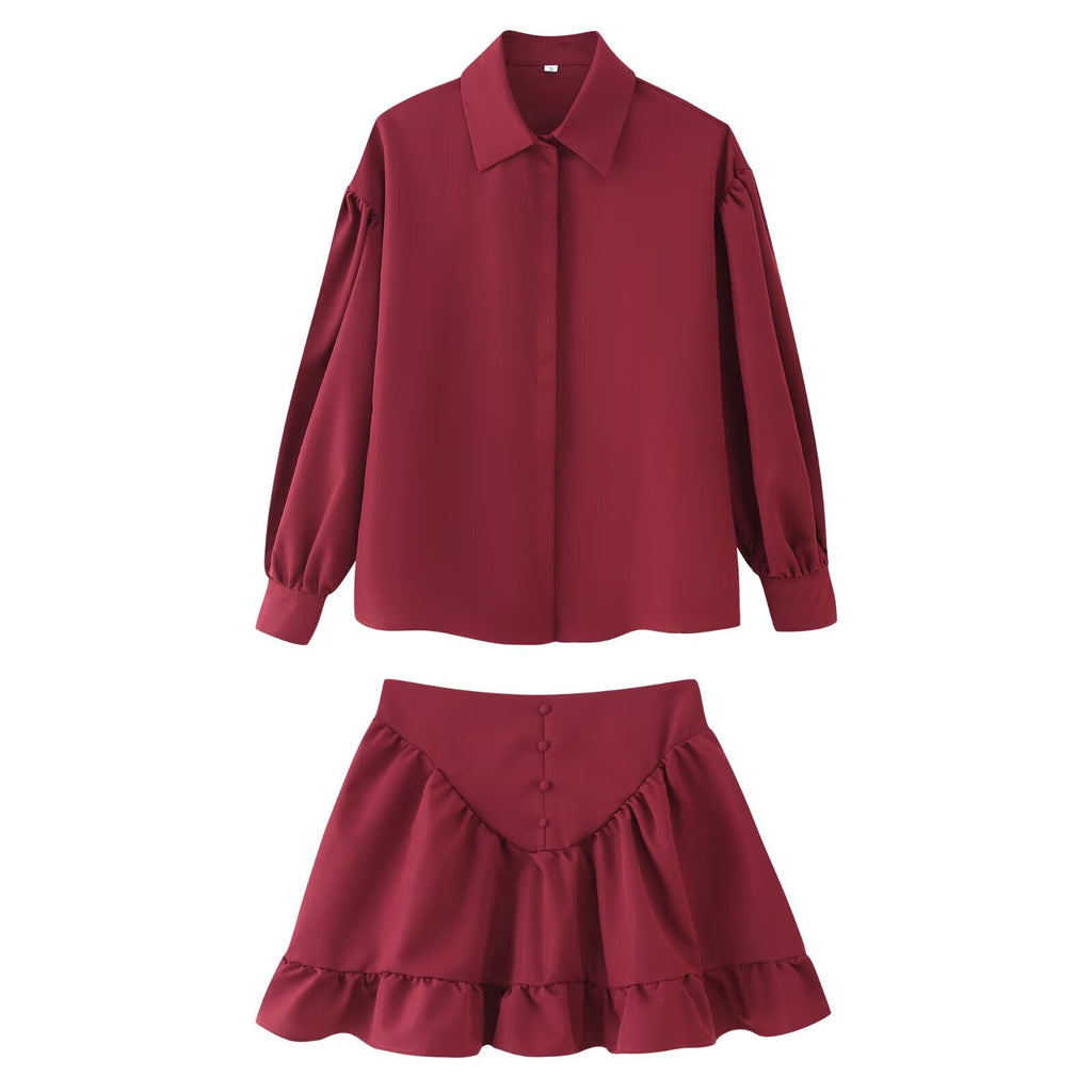 Women's Fashion Simple Lapel Shirt And Flared Skirt Set