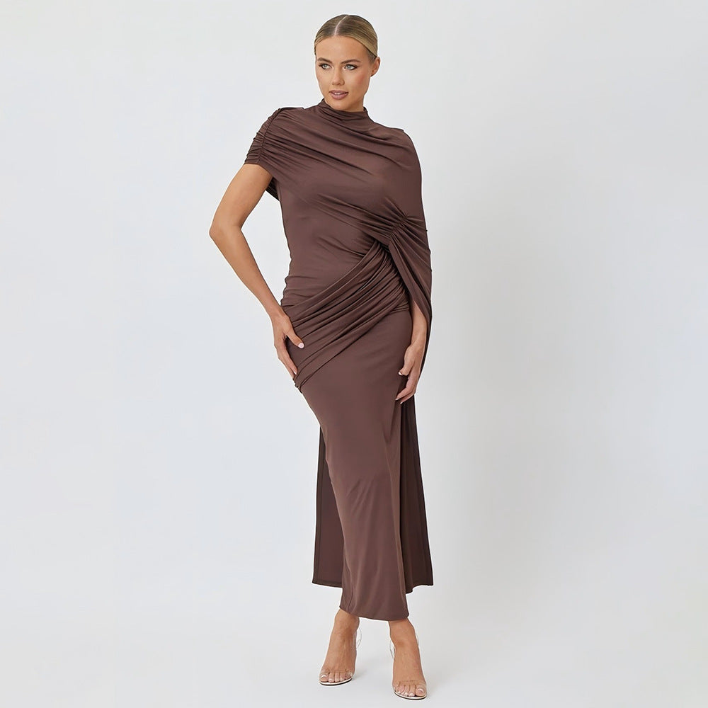 Round Neck Wrap Shoulder Solid Color Spliced Ribbon Dress