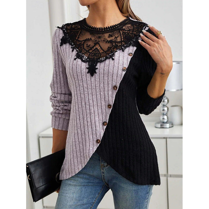 Lace Round Neck Color-blocked Ribbed Cross Hem Long Sleeve Knit T-shirt