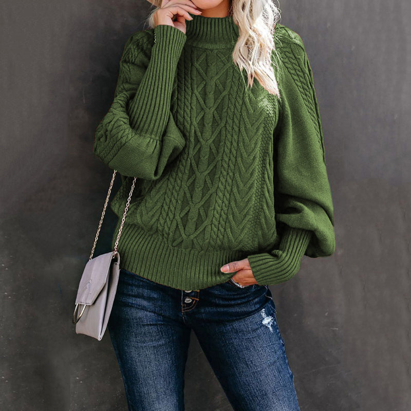 Women's Loose-fitting Long-sleeved Knit Sweater With Mid-neck - Solid Color