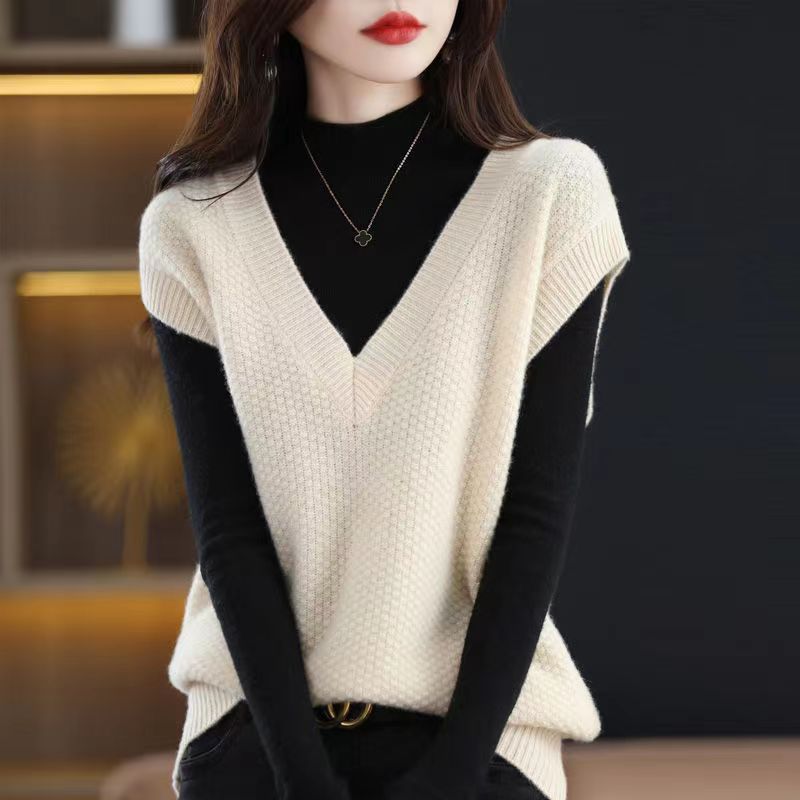 Outer Wear V-neck Sleeveless Pullover Sweater Knitted Outerwear Vest