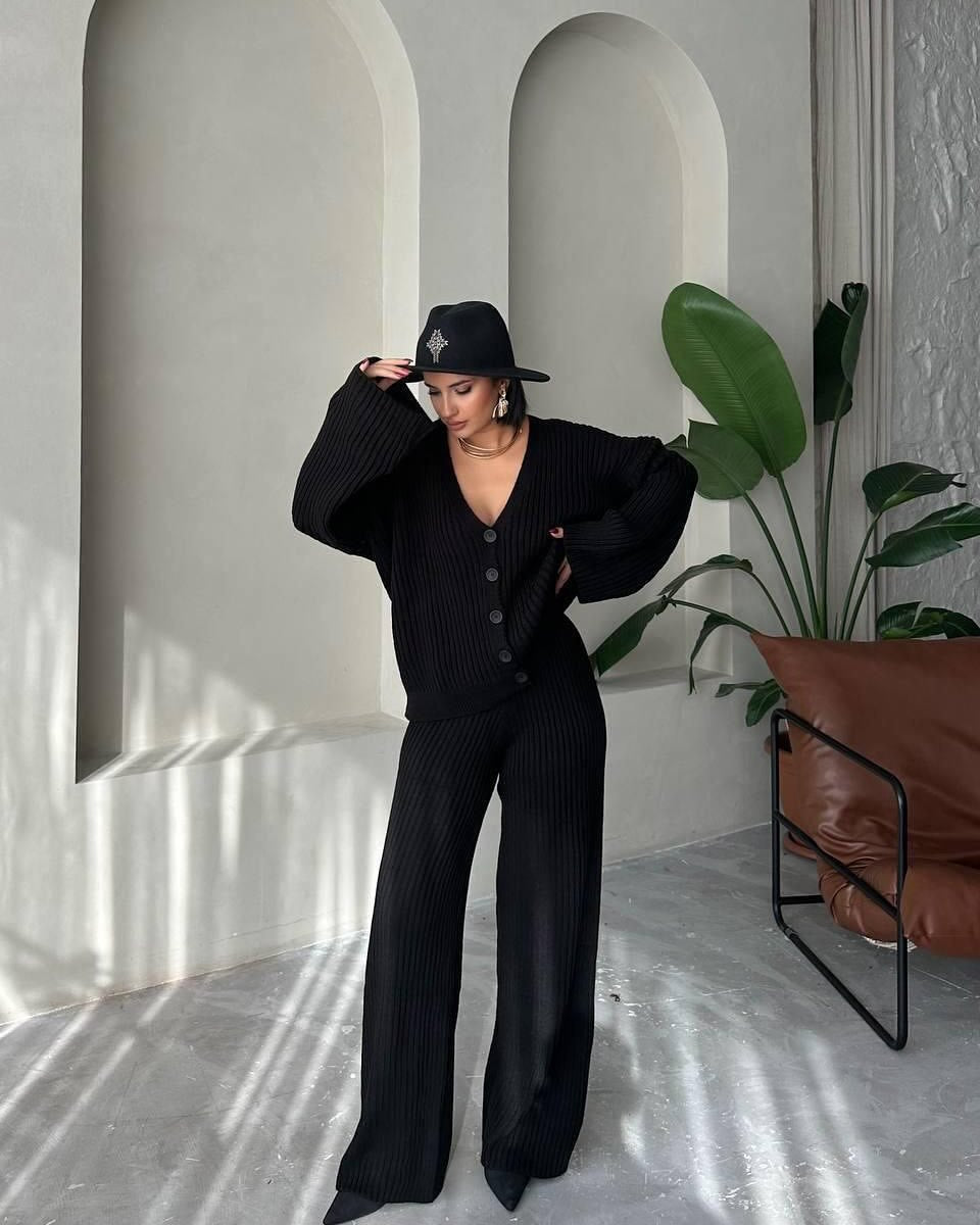 Casual Women's Solid Color Long Sleeve Button Cardigan Sweater Pants Set