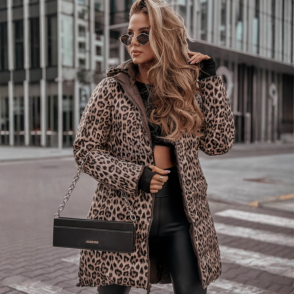 Over-the-knee Cotton-padded Coat With Leopard Print Stylish Outerwear In A Domineering Lady Style