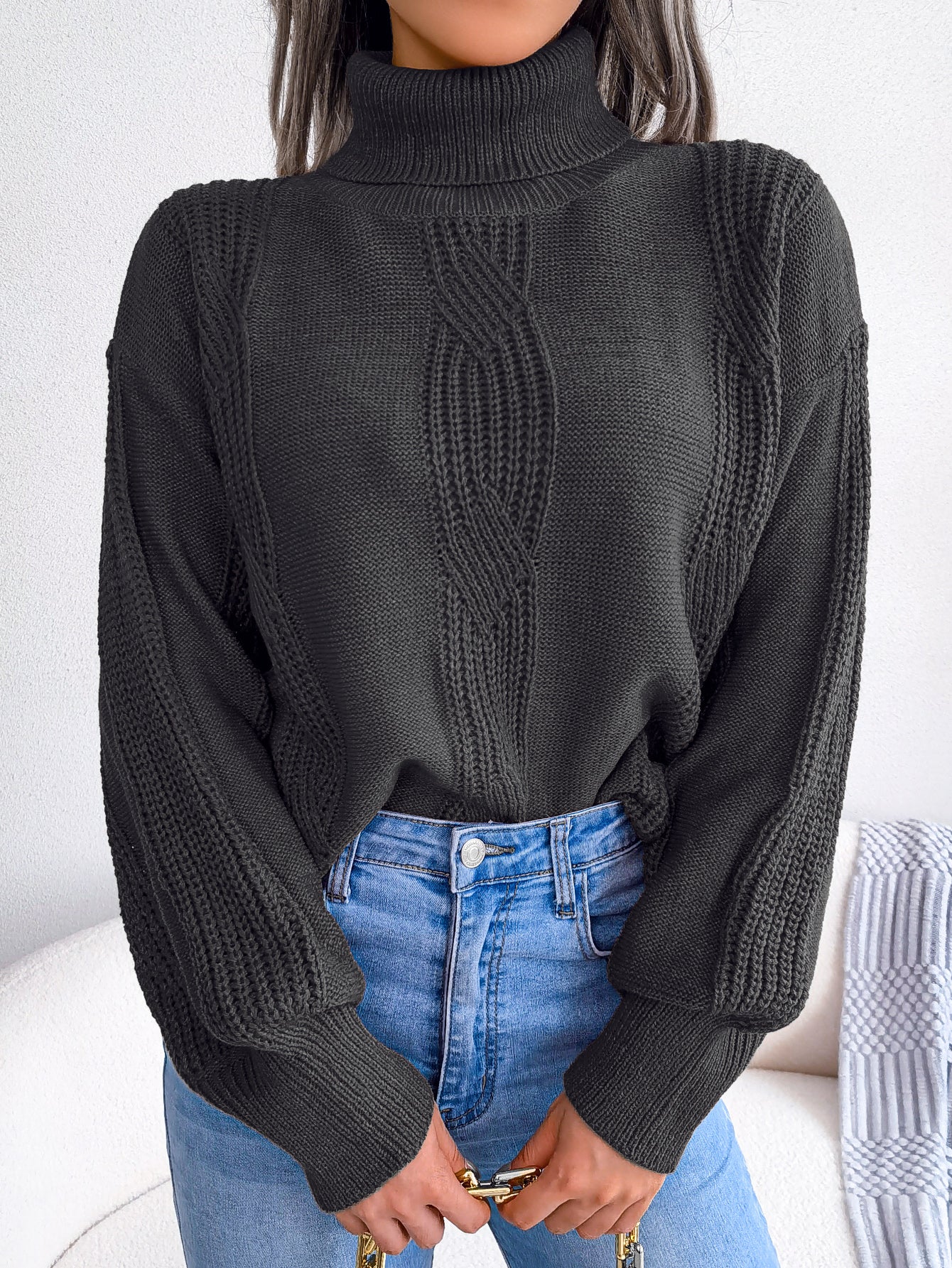 Women Turtleneck Cable Knit Lantern Sleeve Sweater Top