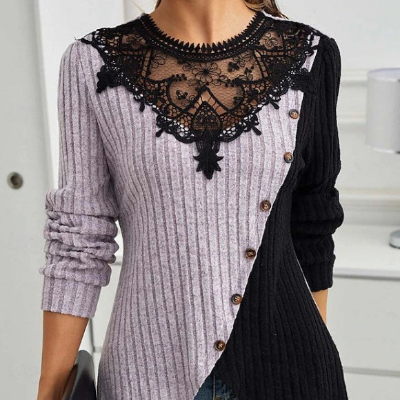 Lace Round Neck Color-blocked Ribbed Cross Hem Long Sleeve Knit T-shirt