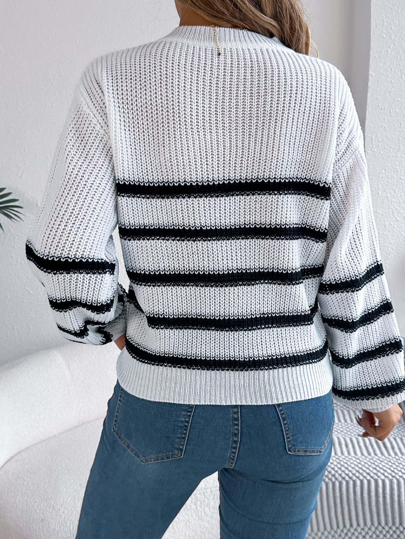 Women Casual Color Block Stripe Lantern Sleeve Pullover Sweater