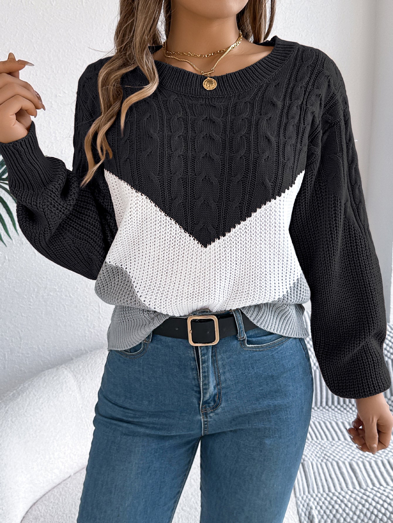 Women Casual Color Block Cable Knit Lantern Sleeve Pullover Sweater