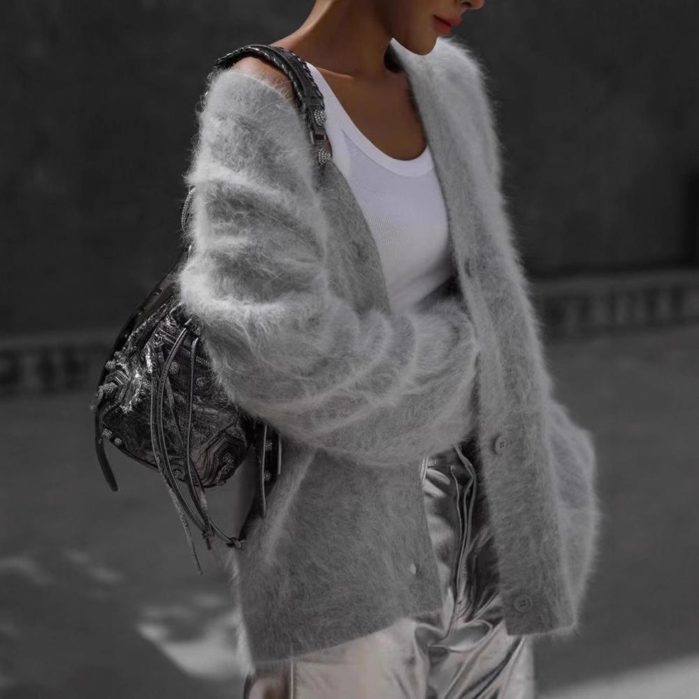 V-neck Faux Mink Fur Sweater Coat Women Fluffy Knitted Cardigan