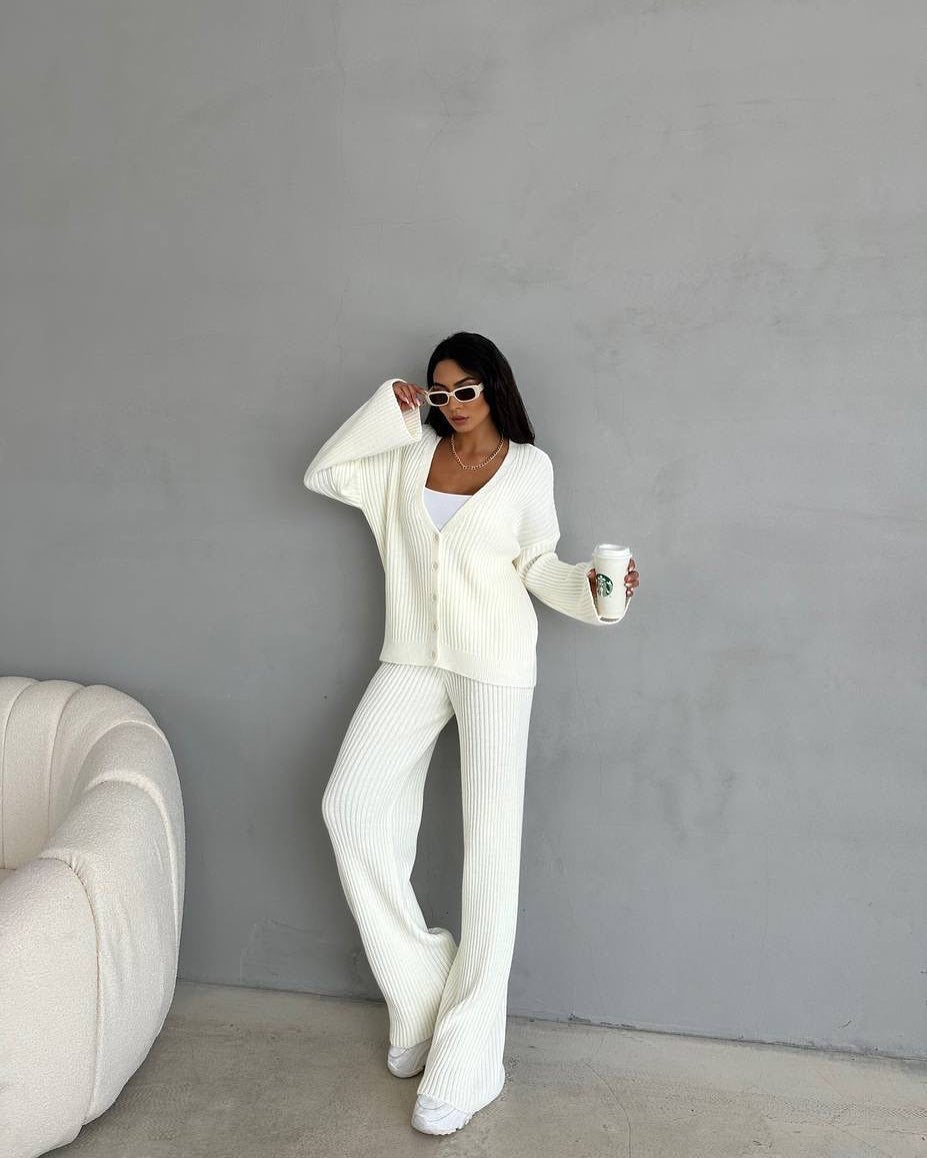 Casual Women's Solid Color Long Sleeve Button Cardigan Sweater Pants Set