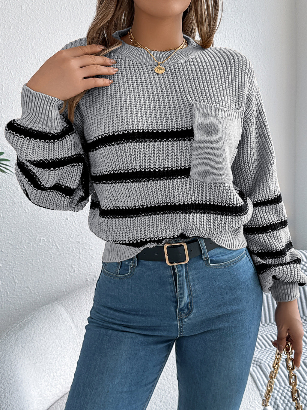 Women Casual Color Block Stripe Lantern Sleeve Pullover Sweater